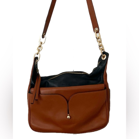 Pour La Victoire Brown & Black Leather Shoulder Bag Crossbody Gold Chain Strap - Picture 2 of 14